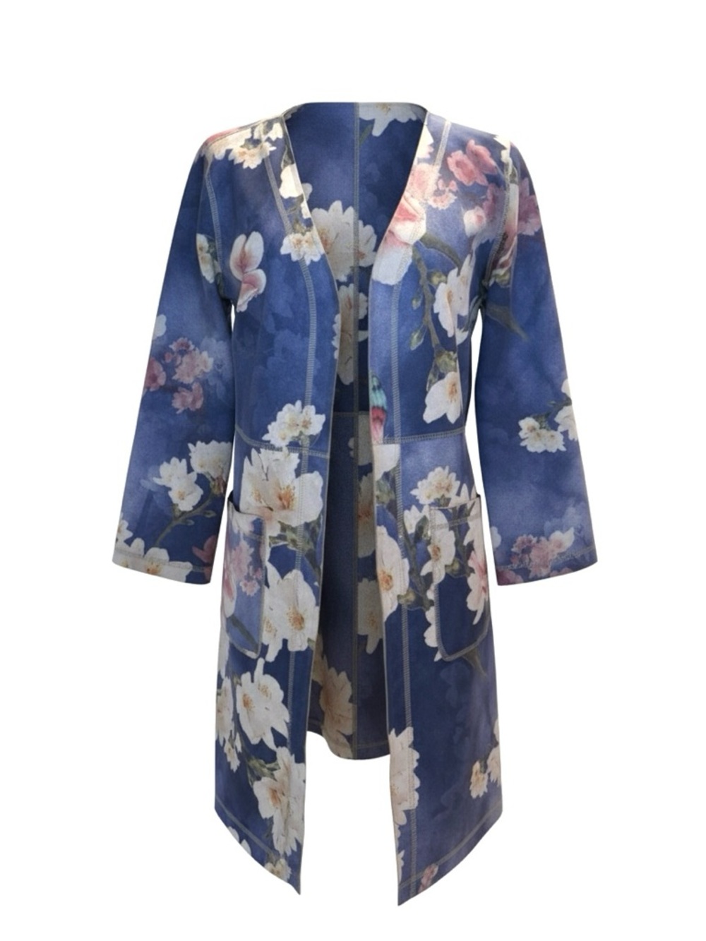 Solitaire Blue Spring Butterflies Floral Jacket Boho Open Front Duster Small